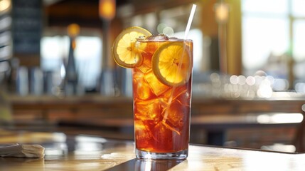 Wall Mural - A refreshing glass of iced tea garnished with lemon slices and served with a side of sweet tea, a quintessential beverage choice enjoyed throughout the United States