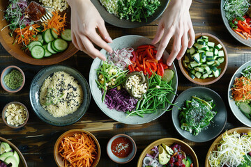 Diverse colorful salad bowls with fresh vegetables and grains on wooden tabletop
