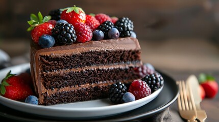 Wall Mural - Create an image of a chocolate cake slice with layers of moist cake and rich chocolate ganache, topped with fresh berries.