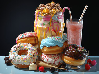 Wall Mural - Trio of tasty chocolate vanilla and strawberry flavored frozen dessert in a blue bowl