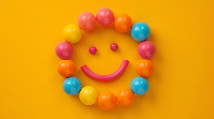 Sticker - 3D rendering of a happy face made of colorful balls on a yellow background. The face has a big smile and is surrounded by a circle of balls.