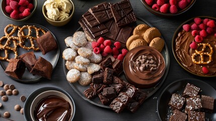 Canvas Print - Create an image of a chocolate dessert platter with items like brownies, mousse, and chocolate-covered pretzels, ideal for sharing.