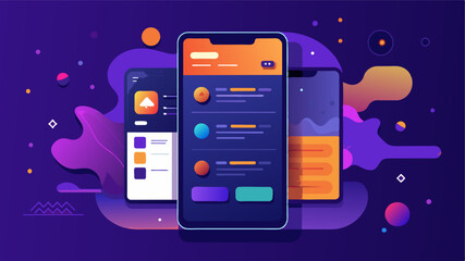 Modern user interface design template. Conceptual mobile phone screen mock-up for application interface.  Aesthetic, dark purple, orange, blue, black.