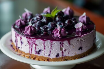 Wall Mural - Luscious blueberry cheesecake garnished with fresh berries and mint leaves