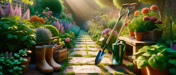 Wall Mural - a lush garden pathway with blooming flowers, gardening tools, and sunlight streaming through leaves,