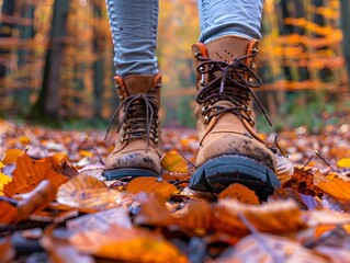 Canvas Print - Scenic Autumn Hike Through Colorful Forest with Leaves Underfoot