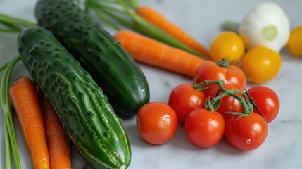 Wall Mural - Green cucumbers carrots and cherry tomatoes