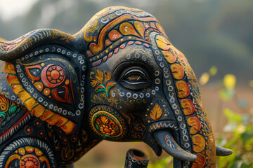 Wall Mural - A detailed elephant with a decorated trunk, made from golden sand,