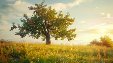 Wall Mural - Apple tree in a sunlit meadow with ripe fruit