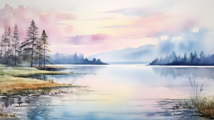 Wall Mural - A painting of a lake with trees in the background