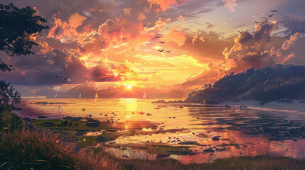 Wall Mural - Beautiful sunrise over a serene seaside landscape with vibrant colors