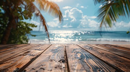 Wall Mural - empty wooden table on tropical beach