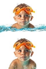 A child wearing orange goggles swims in a pool