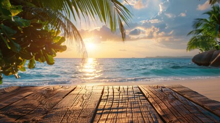 Wall Mural - empty wooden table on tropical beach at sunset