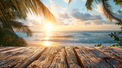 Wall Mural - empty wooden table on tropical beach at sunset