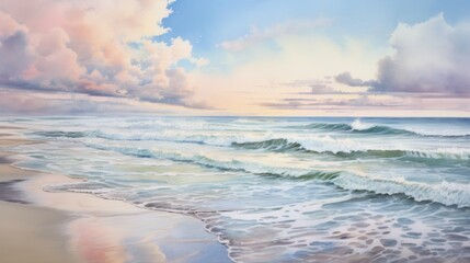 Wall Mural - A painting of a beach with a cloudy sky and ocean waves