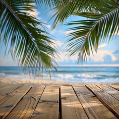 Wall Mural - empty wooden table on tropical beach