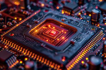 Poster - Close-up of a modern microchip, showing detailed transistor and circuit patterns,