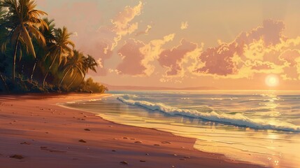 Sticker - Sun setting over a tranquil beach, casting warm hues across the sandy shoreline