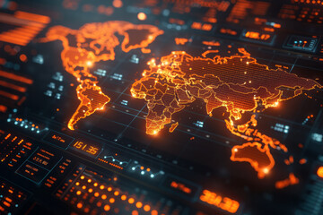 Aufkleber - Digital world map featuring financial data visualization with dynamic trading charts,