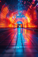 Poster - Neon corridor with abstract digital designs and dynamic, glowing elements,
