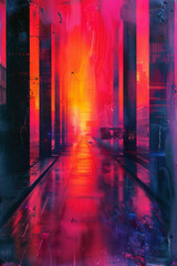 Poster - Neon corridor with abstract digital designs and dynamic, glowing shapes,