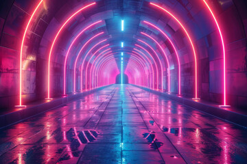 Leinwandbilder - Neon-lit futuristic tunnel with abstract digital art and bright, glowing lights,