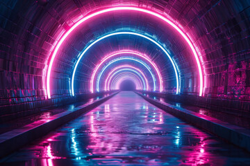 Poster - Neon-lit futuristic tunnel with dynamic abstract digital art,