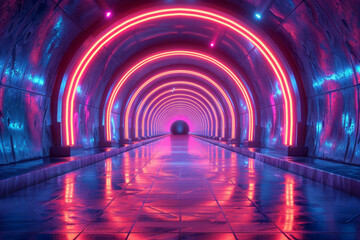 Neon-lit futuristic tunnel with dynamic abstract digital art,