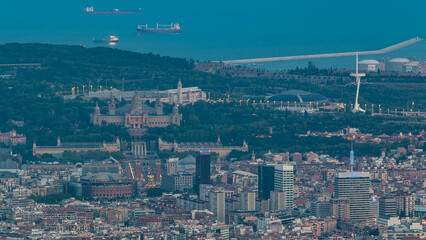 Sticker - Top view from tibidabo of National Art Museum timelapse at Placa Espanya in Barcelona day to night, Catalonia, Spain