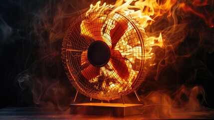 Dramatic table fan with flames, cinematic product photography, studio lighting, realistic fire effects