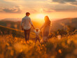 © Who is Danny - A family walking hand-in-hand during sunset in a meadow, with a warm, glowing light and a concept of unity. Generative AI