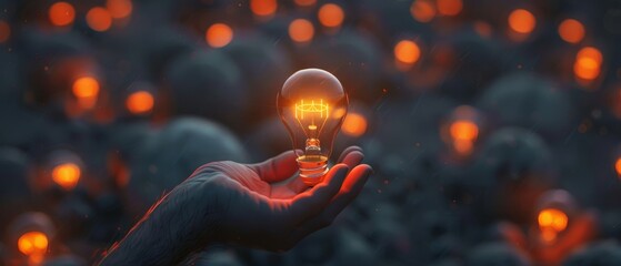 Poster - A closeup of a persons hand holding a lightbulb symbolizing creativity and business vision. Concept Closeup Photography, Creativity Concept, Business Vision, Symbolic Imagery, Hand Holding Lightbulb