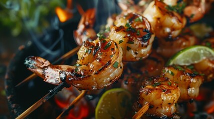 Poster - A wooden skewer threaded with succulent grilled shrimp, fresh off the barbecue and ready to be enjoyed with a squeeze of lime