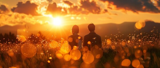 Wall Mural - silhouetted against a vibrant sunset, a couple kneels in a vast field, their hands clasped in prayer, heads bowed in a moment of shared devotion and spiritual connection.