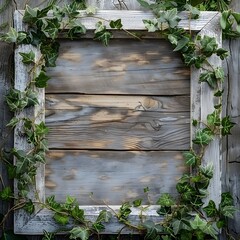 Sticker - Rustic Wooden Frame with Lush Ivy and Leaves on Natural Wood Texture Background