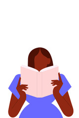 Wall Mural - Black woman reading a book. Shaping the future through reading, learning and education. Improving lives, developing skills moving forward with the career. Vector illustration on white background. 