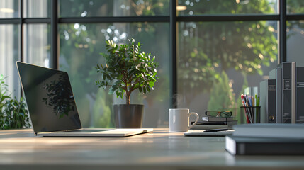 Wall Mural - Close up view of modern office desk with laptop, mug, tree pot, and office supplies in glass partition office, office, desk, laptop, mug, tree pot, office supplies, workspace, modern