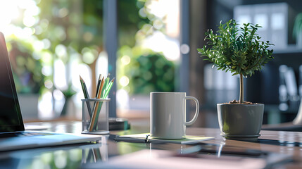 Wall Mural - Close up view of modern office desk with laptop, mug, tree pot, and office supplies in glass partition office, office, desk, laptop, mug, tree pot, office supplies, workspace, modern