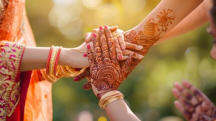 Poster - Create an image of a mother and daughter applying henna on each other's hands, signifying love and tradition.