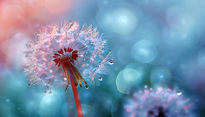 Wall Mural - Drops of dew sparkle on the dandelion on a beautiful blurred background with dandelion seeds in drops of dew on a beautiful blue background, natural beauty, floral macro photography, spring nature 