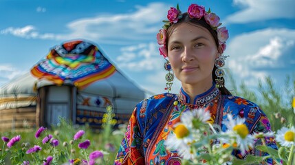 Wall Mural - A Mongolian Woman in Traditional Dress Among Flowers