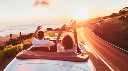 Wall Mural - Two people enjoying a drive in a convertible at sunset with hands raised, on a scenic mountain road, embodying freedom and joy. Generative AI