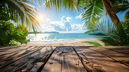 Wall Mural - display table on summer beach background at sunrise