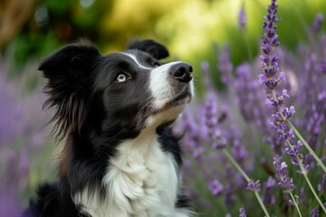 Sticker - Serene border collie amidst vibrant lavender blooms, gazing upwards