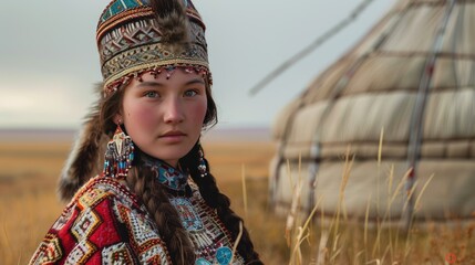 Wall Mural - A Glimpse of Tradition: A Young Woman in Traditional Dress, Siberia