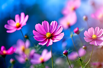 Poster - A field of pink Cosmos flowers in full bloom with a clear blue sky in the background. This image is ideal for spring and summer themes, floral backgrounds, and garden designs.