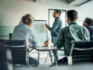 Wall Mural - A business team attentively listens to a presentation in a bright office setting, illustrating the concept of teamwork and corporate training. Generative AI