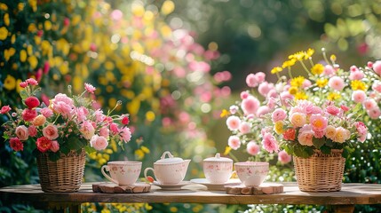 Wall Mural - A wooden table in the garden, decorated with a tea set and baskets of pink and white flowers, against the backdrop of a brightly lit blooming garden. Summer atmosphere permeated with sunshine.