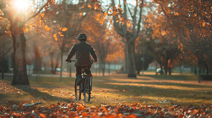 Wall Mural - Man riding bicycle through park on sunny autumn day